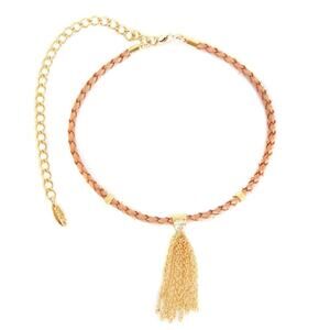 Ettika Mini Tartine Tan and Gold Tone‎ Braided Leather Choker Necklace Festival